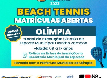 Projeto “Usina Esportiva 2023” terá aulas gratuitas de Beach Tennis para crianças e jovens